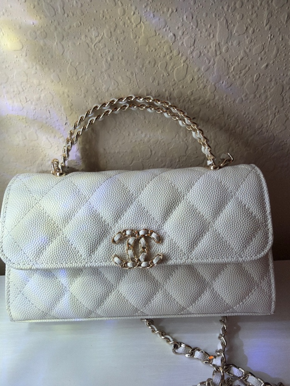 Chanel Caviar Quilted Chain Match Top Handle Phone Holder With Chain White